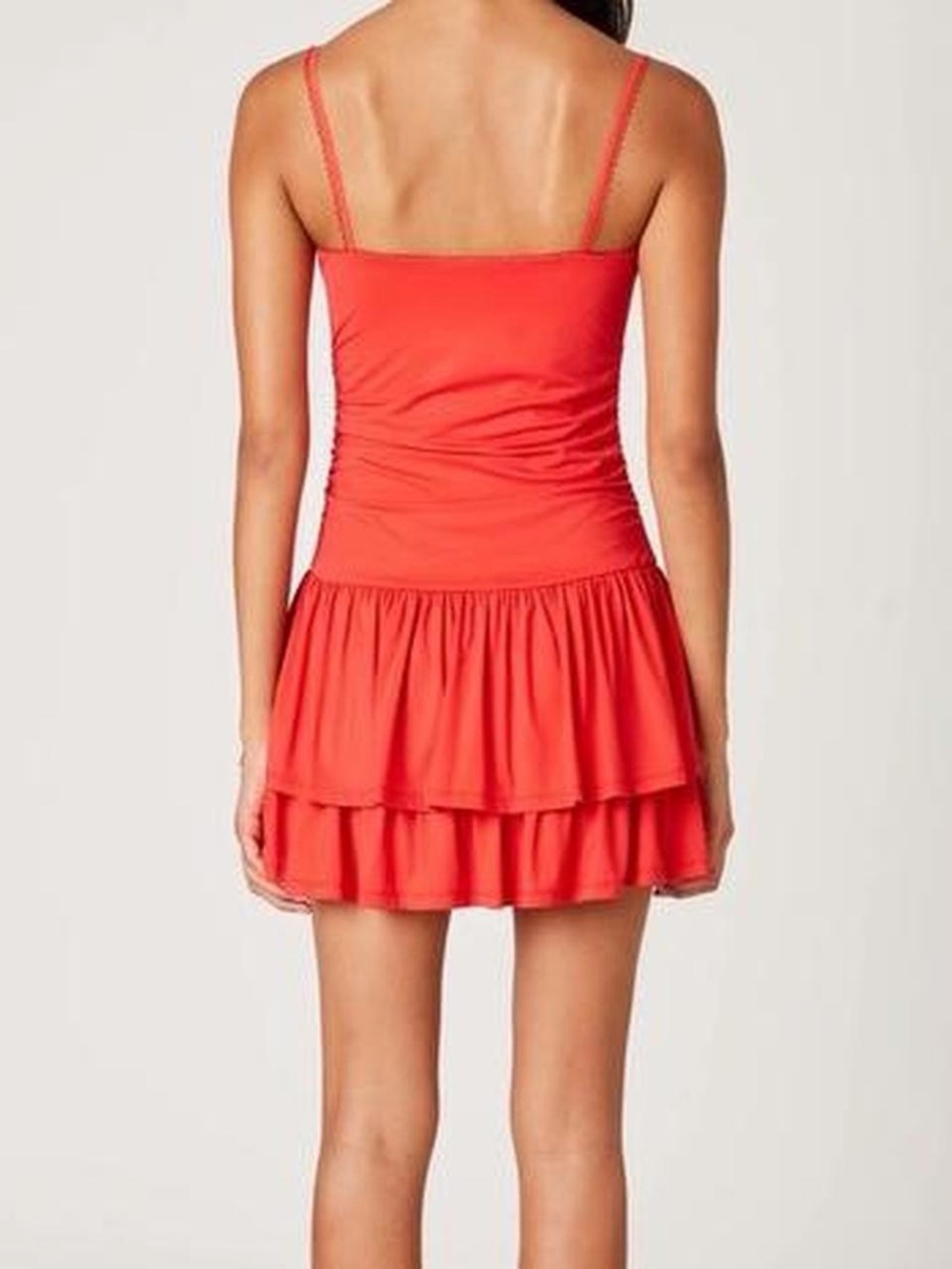 NIA Red Ruched Drop Waist Ruffle Mini Dress Size Small - Picture 2 of 3